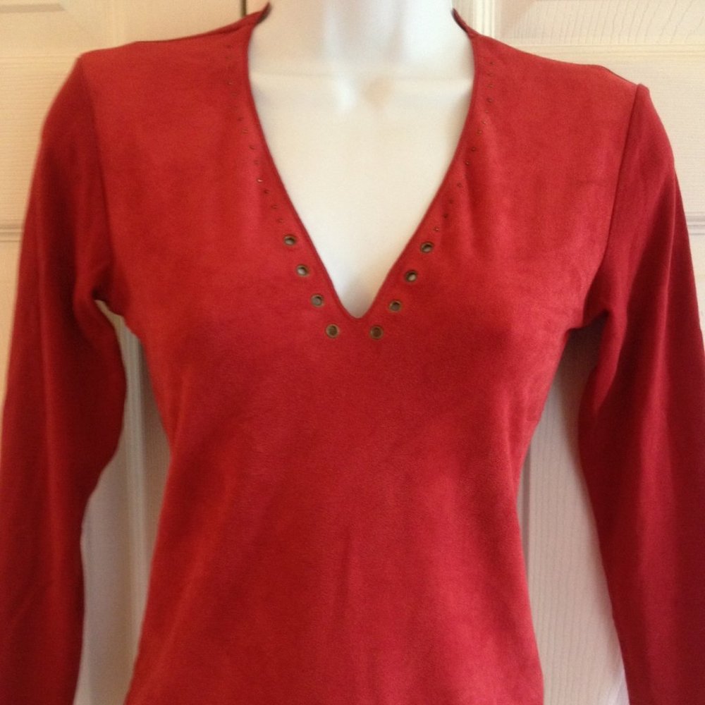 Velvet Brand Red V Neck Top with Faux Suede Bodice S